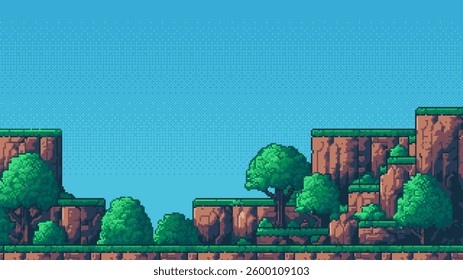 8-bit pixel art game level background. retro style pixelated background. blue sky. trees and mountains. side scrolling landscape. 2D flat design. vector graphics. 