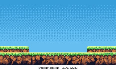 8-bit pixel art game level background. side scrolling game. blue sky. simple game map template. 2D retro video game style. pixelated vector graphics.