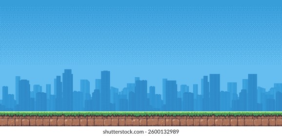 8-bit pixel art game level background. silhouette city skyline. side scrolling game. blue sky. simple game map template. 2D retro video game style. pixelated vector graphics.