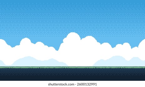 8-bit pixel art game level background. side scrolling game. blue sky with clouds. simple game map template. 2D retro video game style. pixelated vector graphics. 