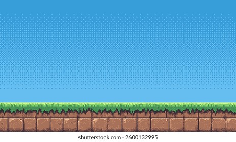 8-bit pixel art game level background. side scrolling game. blue sky. simple game map template. 2D retro video game style. pixelated vector graphics.