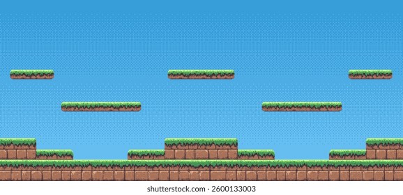 8-bit pixel art game level background. side scrolling game. blue sky. simple game map template. 2D retro video game style. pixelated vector graphics.