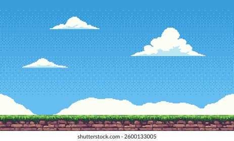 8-bit pixel art game level background. side scrolling game. blue sky with clouds. simple game map template. 2D retro video game style. pixelated vector graphics. 