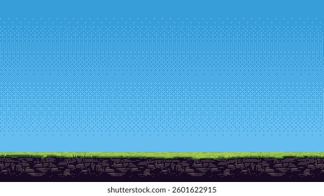 8-bit pixel art game level background. side scrolling game. blue sky. simple game map template. 2D retro video game style. pixelated vector graphics.