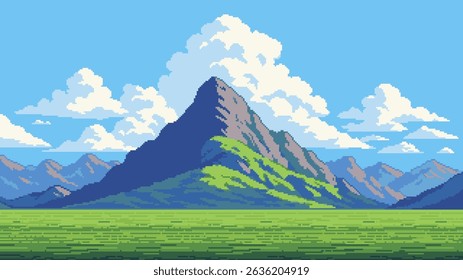 8-bit pixel art game level background. high mountain landscape. 2D retro video game style. side-scrolling game. vector graphics.  blue sky with white clouds. 
