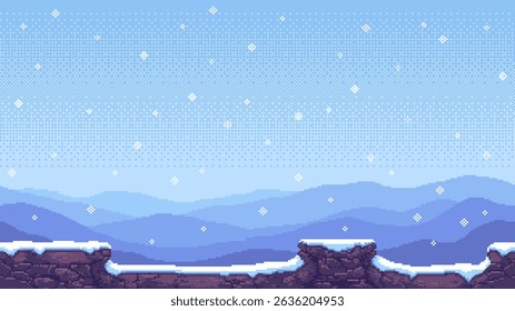 8-bit pixel art game level background. 2D side-scrolling video game. snowy mountains. pixel snowflakes. snow-covered rocks. vector graphics.