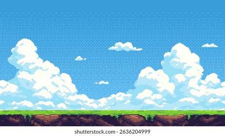 8-bit pixel art game level background. side-scrolling game. vector graphics. 2D retro video game style. blue sky with white clouds. 