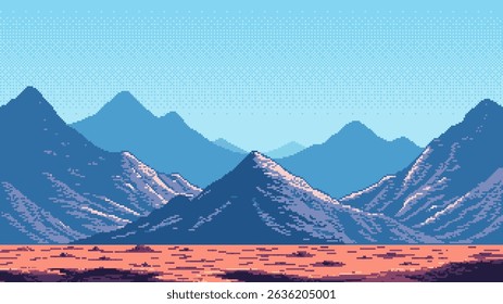 8-bit pixel art game level background. mountain space landscape. 2D retro video game style. side-scrolling game. vector graphics. 