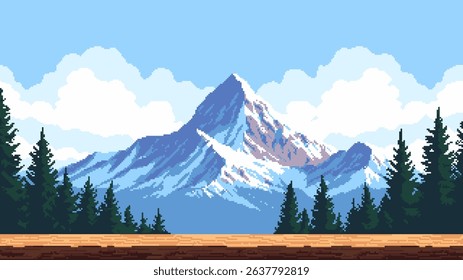 8-bit pixel art game level background. 2D video game graphics. vector illustration. mountain range with pine trees. blue sky with white clouds. game assets. 