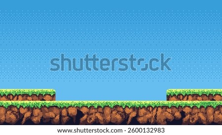 8-bit pixel art game level background. side scrolling game. blue sky. simple game map template. 2D retro video game style. pixelated vector graphics.