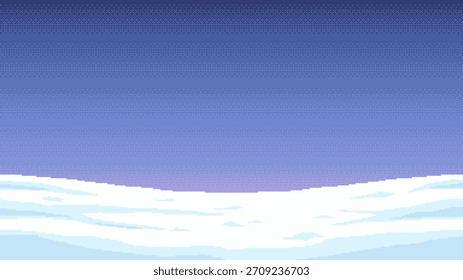 8-bit pixel art juego de fondo de invierno. Pixel colinas nevadas contra el cielo azul. Ilustración vectorial con espacio vacío para texto, sin problemas al acoplar horizontalmente.