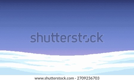 8-bit pixel art game winter background. Pixel snowy hills against blue sky. Vector illustration with empty space for text, seamless when docking horizontally.