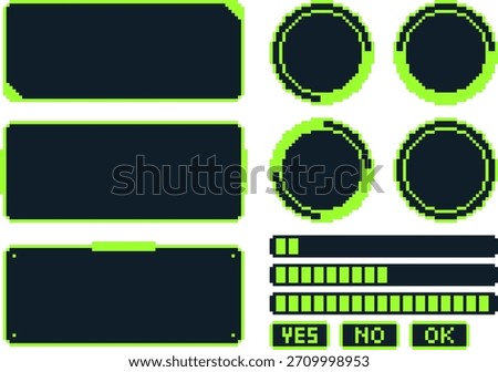 8-bit pixel art green neon cyber hud interface vector set