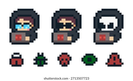 Conjunto de personajes e iconos de hacker de 8 bits de pixel art