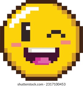 8bit pixel art of a happy emoji emoticon winking