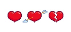 8-Bit Pixel Art Hearts With Arrow - Editable Vector. Pixel Hearts In Retro Computer Game Style. Pixilated Broken Heart 