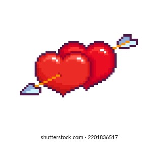 8-Bit pixel art hearts with arrow - editable vector. Pixel couple hearts in retro computer game style.  Heart with arrow for Valentine day design