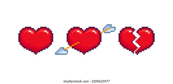 8-Bit pixel art hearts with arrow - editable vector. Pixel hearts in retro computer game style. Pixilated broken Heart 