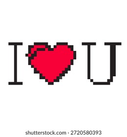 8-bit pixel art icon featuring I love you text and heart symbol for Valentine's Day. Cute, editable retro design symbolizing romance, affection, and love. Ideal for games, apps, cards, and holiday graphics. 