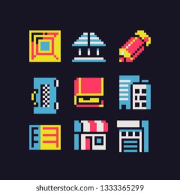 8-bit pixel art icons set, sticker. Buildings, book and pencil. Design for logo, web, app, badges and patches. Isolated vector illustration.
