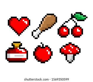 8-bit pixel art icons set. Meat, potion heart cherry mushroom Game assets. Isolated vector illustration.