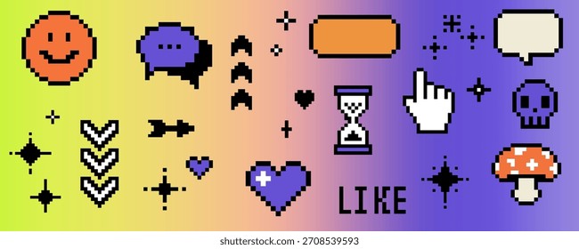 Iconos de arte de píxeles de 8 bits en colores retro vívidos con destellos, corazones, cursores, calaveras y símbolos peculiares. Ilustración vectorial en estilo retro.