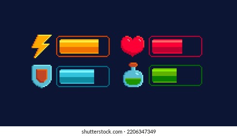 8-bit Pixel art load scale icon set. Health and Battery charge bar. Energy, Armor, Health and Mana icon set in retro game style. Retro video game or app interface elements