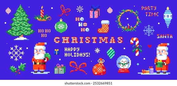 Conjunto de pegatinas de Navidades alegres de arte de píxeles de 8 bits, decoraciones retro de Festiva con Santa Claus, árboles de Navidad, copos de nieve, regalos, muñecos de nieve, coronas y más iconos pixelados para juegos, emojis, Diseños.