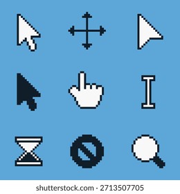 8-bit pixel art monotone simple cursor icon set