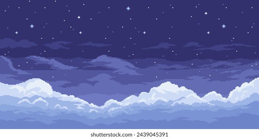 8bit pixel art night sky background, game space landscape features a dark blue canvas with scattered stars, creating a nostalgic, retro atmosphere. Vector parallax 2d heavenly gui location, wallpaper