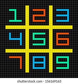 8-bit Pixel Art with Numbers 1-9 in a Sudoku Grid