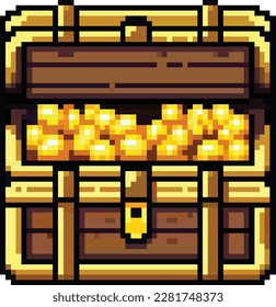 8bit pixel art of an old wooden treasure chest with golden coins