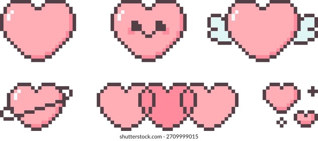 8-bit pixel art rosa lindo corazón decoración icono Vector conjunto