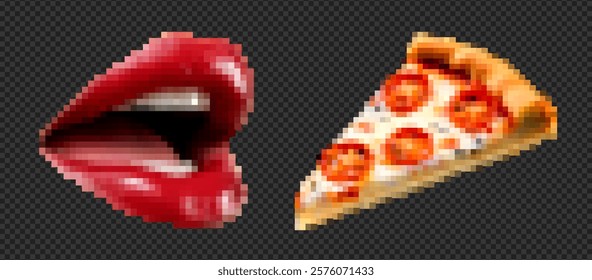 8-bit pixel art of a pizza slice and lips in a trendy, retro style. Vector icon with red tones, vintage texture, and seductive design.
