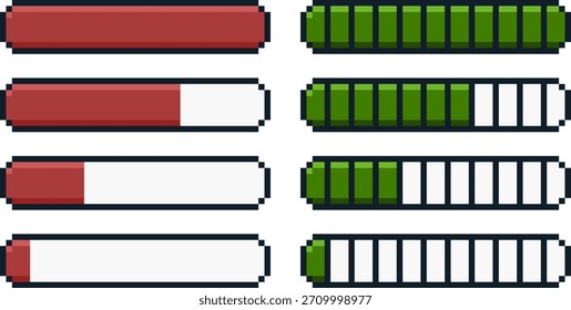 8-bit pixel art rojo y verde RPG juego de la vida de la barra de progreso conjunto de Vectores