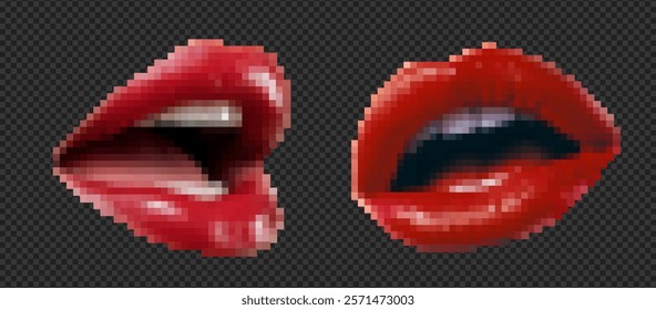 8-bit pixel art of red lips. Trendy vector icon digital texture, and censorship style. Open mouth with a fashionable, vintage, and pointillist pattern. At the transparent bg as a png - Powered by Shutterstock - Get 15% off with code: PIKWIZARD15