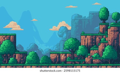 8-bit pixel art retro game level background. 2D platformer video game. side view of a fantasy world with mountains and trees. simple 2D vector graphics.