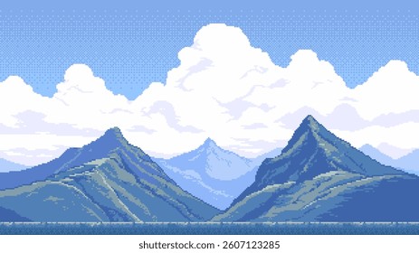 8-bit pixel art retro game level background. 2D platformer video game. side view of a fantasy world. high mountain landscape. simple 2D vector graphics.