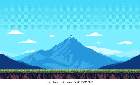 8-bit pixel art retro game level background. 2D platformer video game. side view of a fantasy world. high mountain landscape. simple 2D vector graphics.