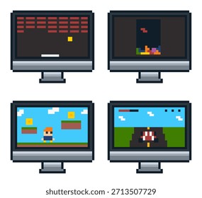 Pantalla de juego retro del arte del pixel de 8 bits en el sistema de escritorio
