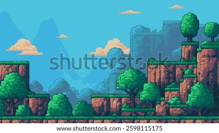 8-bit pixel art retro game level background. 2D platformer video game. side view of a fantasy world with mountains and trees. simple 2D vector graphics.
