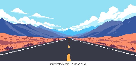 8-bit Pixel art road with mountains in the background. a video game aesthetic. an empty middle of the screen. retro video game graphics. vector illustration.