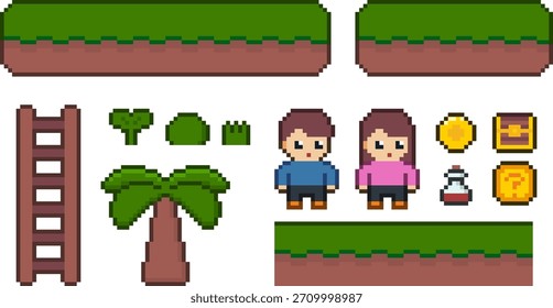 pixel art rpg de 8 bits mapa de jogo e conjunto de vetores de caracteres