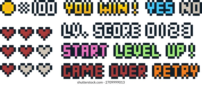 8-bit pixel art rpg juego de iconos de interfaz de usuario y Vector de texto conjunto