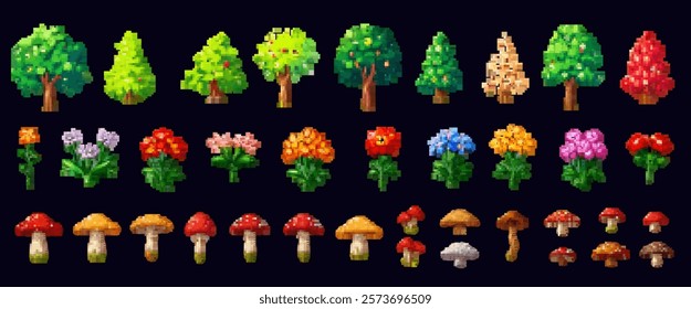 8-bit pixel art set featuring flower, mushroom, tree, and plant icons. Perfect for game, retro, or arcade designs.