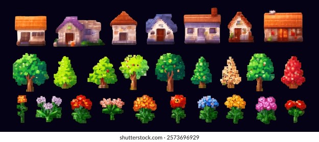 8-bit pixel art set featuring house, tree, flower, and plant icons. Perfect for game, arcade, or retro-style designs of village, town, and garden settings.