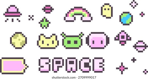 pixel art space de 8 bits ícone rosa estético e texto decoração vetor conjunto