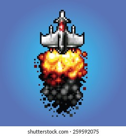 8-bit pixel art space ship blasting flying into space vector illustration