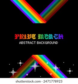 8 Bit Pixel Art Style, LGBT Pride Rainbow Flag Reflected Line Frame Vorlage mit Glitzer am Boden und schwarzem Hintergrund