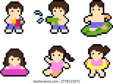 8-bit pixel art summer swimming people set